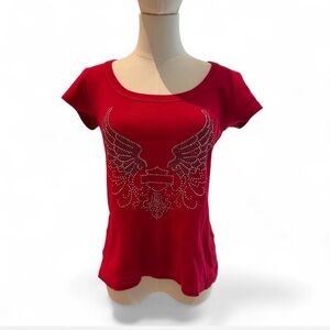 Red Women's Scoop Neck Tee with Rhinestone Wing Design
